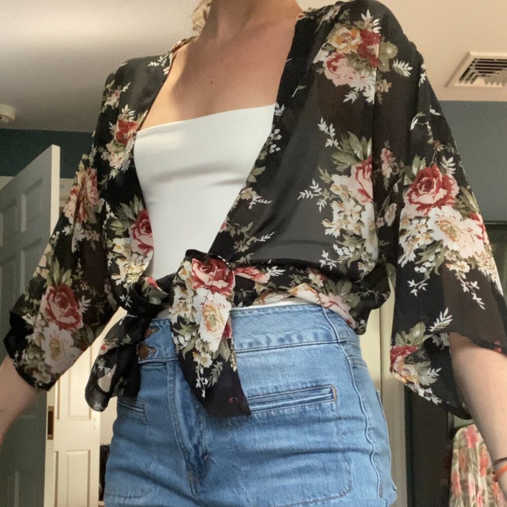 Sheer Floral Kimono-Like Cover Up